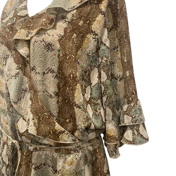Dex Snakeskin Print V-Neck Ruffled Flutter Sleeve Faux Wrap Midi Dress 1X Earthy - Picture 5 of 11